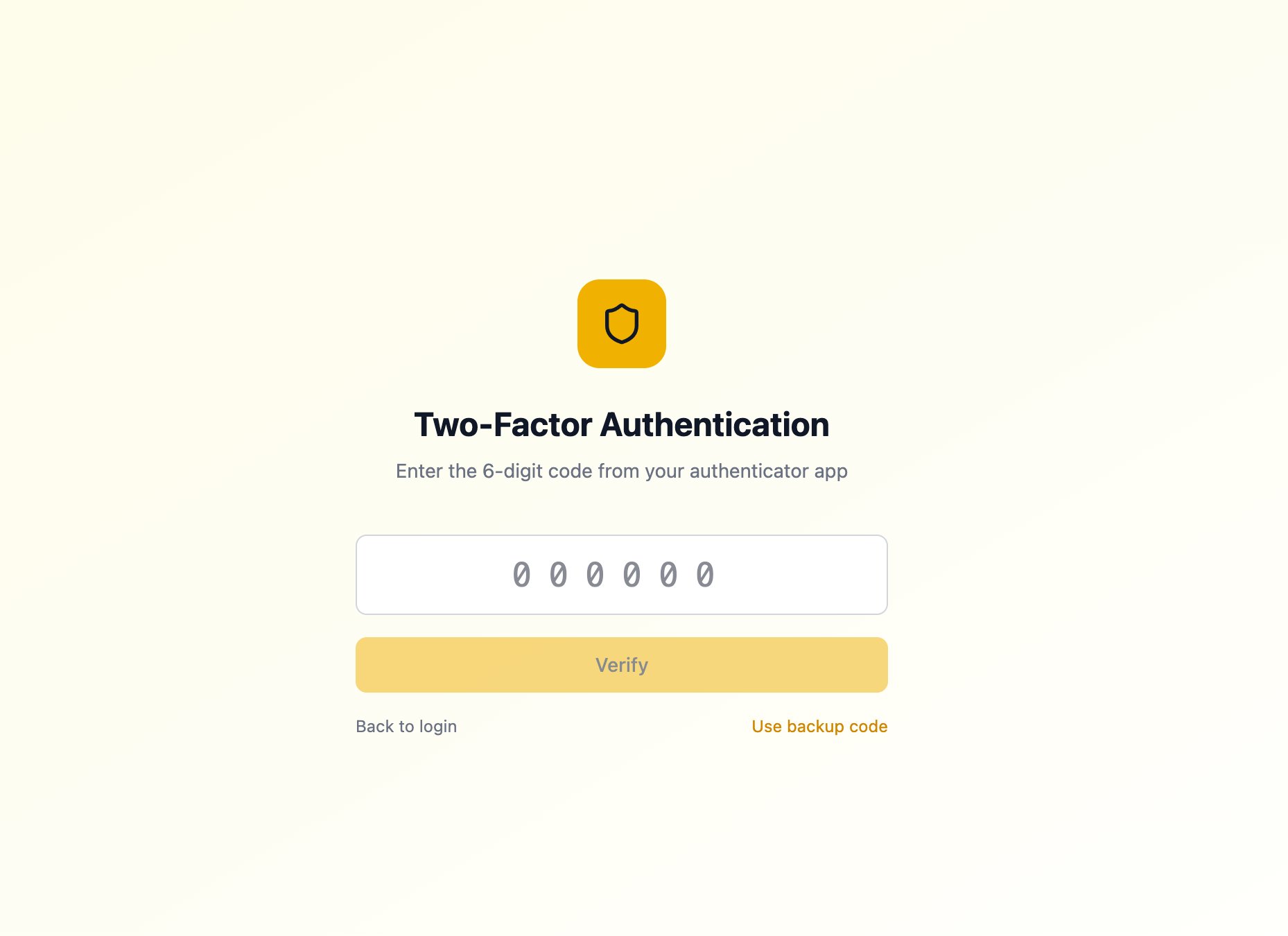 VaultBridge two-factor authentication screen with 6-digit code input and backup code option