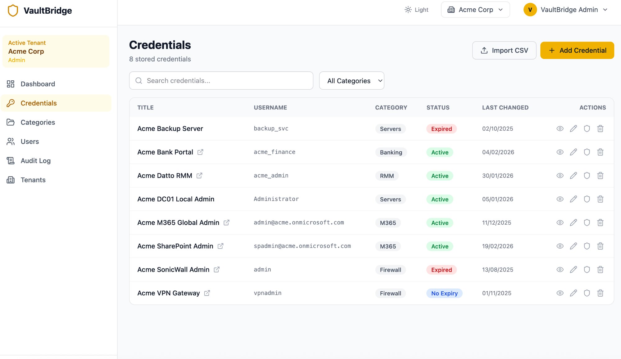 VaultBridge credentials list with search, category filter, CSV import, and inline actions for viewing, editing, and deleting