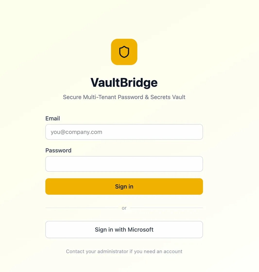 VaultBridge login screen with email/password fields and Sign in with Microsoft button